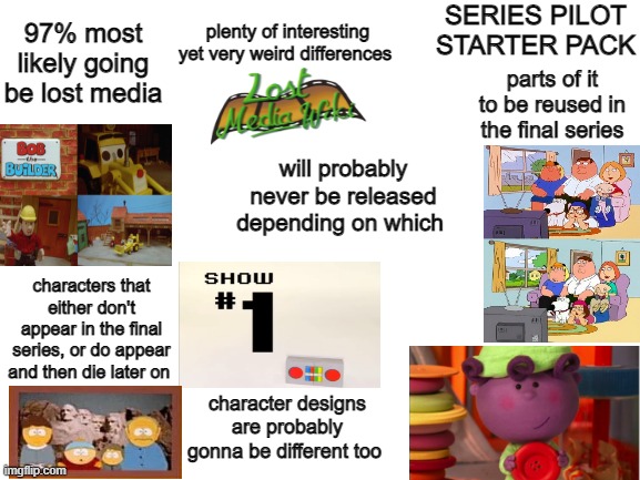 Can't you believe Bob The Builder was going to look like THAT?!? | SERIES PILOT STARTER PACK; 97% most likely going be lost media; plenty of interesting yet very weird differences; parts of it to be reused in the final series; will probably never be released depending on which; characters that either don't appear in the final series, or do appear and then die later on; character designs are probably gonna be different too | image tagged in blank white template,blank starter pack,memes,tv series | made w/ Imgflip meme maker