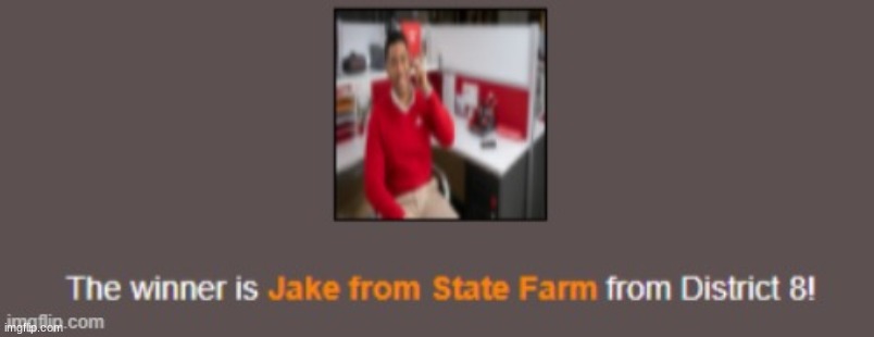 The Winner is Jake from State Farm from District 8 | image tagged in the winner is jake from state farm from district 8 | made w/ Imgflip meme maker
