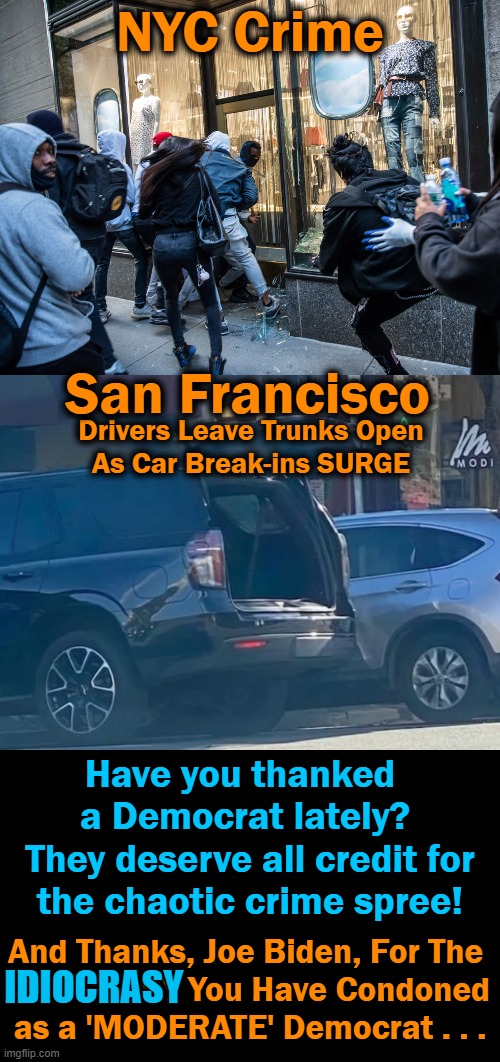 Thanks For The IRRATIONAL IDIOCRASY, Democrats! No One Enjoys The Crime Spree Except Your Base.... | NYC Crime; San Francisco; Drivers Leave Trunks Open
As Car Break-ins SURGE; Have you thanked  
a Democrat lately? 

They deserve all credit for
the chaotic crime spree! And Thanks, Joe Biden, For The 
IDIOCRASY You Have Condoned
as a 'MODERATE' Democrat . . . IDIOCRASY | image tagged in political meme,liberal vs conservative,democratic socialism,republicans,crime,idiocracy | made w/ Imgflip meme maker