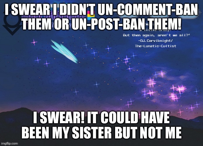 I swear | I SWEAR I DIDN’T UN-COMMENT-BAN THEM OR UN-POST-BAN THEM! I SWEAR! IT COULD HAVE BEEN MY SISTER BUT NOT ME | image tagged in wooflamemez announcement template | made w/ Imgflip meme maker