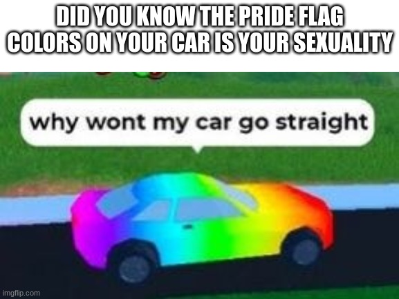 PRIDE MONTH GOOD | DID YOU KNOW THE PRIDE FLAG COLORS ON YOUR CAR IS YOUR SEXUALITY | image tagged in blank white template,my butt,uwu,uwuu,uwuuu,uwuuuu | made w/ Imgflip meme maker