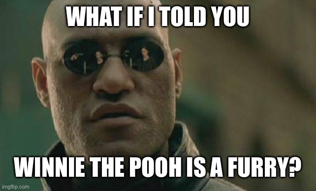 Matrix Morpheus Meme | WHAT IF I TOLD YOU WINNIE THE POOH IS A FURRY? | image tagged in memes,matrix morpheus | made w/ Imgflip meme maker