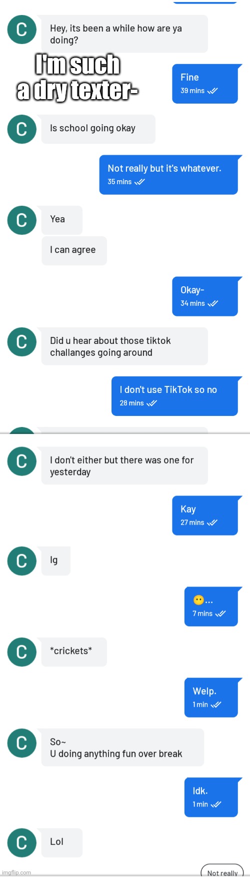 I'm such a dry texter-; I do use TikTok, I just said that so she might shut up | made w/ Imgflip meme maker