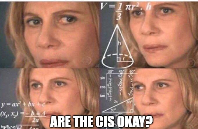 ARE THE CIS OKAY? | image tagged in math lady/confused lady | made w/ Imgflip meme maker