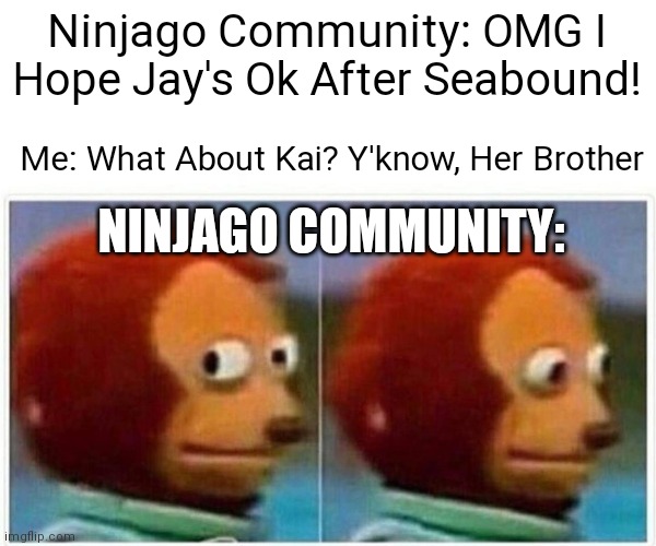 I Can't Hold Back Anymore, Im Posting Seabound Memes In This Dead Stream | Ninjago Community: OMG I Hope Jay's Ok After Seabound! Me: What About Kai? Y'know, Her Brother; NINJAGO COMMUNITY: | image tagged in memes,monkey puppet | made w/ Imgflip meme maker