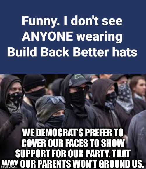 Build Back Better |  WE DEMOCRAT’S PREFER TO COVER OUR FACES TO SHOW SUPPORT FOR OUR PARTY. THAT WAY OUR PARENTS WON’T GROUND US. | image tagged in build back better,democrats,liberal logic,antifa,memes,democratic party | made w/ Imgflip meme maker