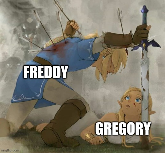 Security Breach Hits Different | FREDDY; GREGORY | image tagged in link and zelda,freddy,gregory,fnaf,security breach | made w/ Imgflip meme maker