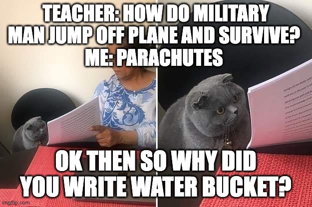 based on a meme | TEACHER: HOW DO MILITARY MAN JUMP OFF PLANE AND SURVIVE? 
ME: PARACHUTES; OK THEN SO WHY DID YOU WRITE WATER BUCKET? | image tagged in woman showing paper to cat,funny,minecraft,water | made w/ Imgflip meme maker