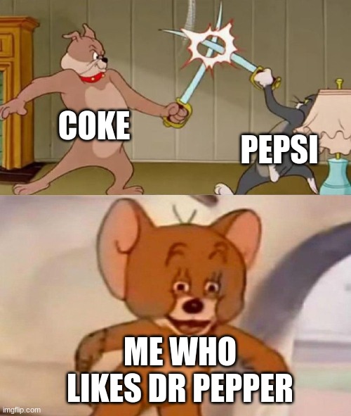 i like dr pepper | COKE; PEPSI; ME WHO LIKES DR PEPPER | image tagged in tom and jerry swordfight | made w/ Imgflip meme maker
