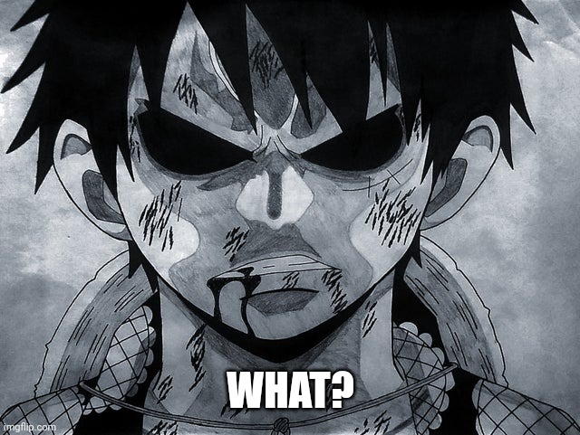 Luffy menacing | WHAT? | image tagged in luffy menacing | made w/ Imgflip meme maker