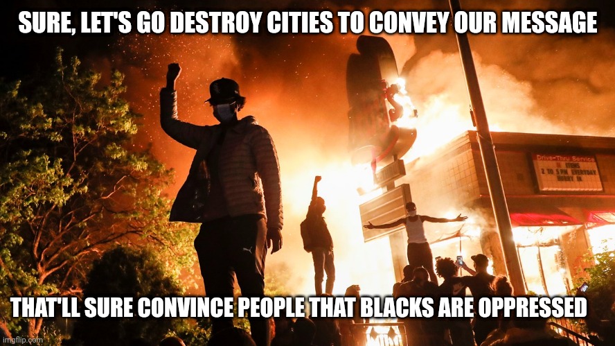 HAHA, no | SURE, LET'S GO DESTROY CITIES TO CONVEY OUR MESSAGE; THAT'LL SURE CONVINCE PEOPLE THAT BLACKS ARE OPPRESSED | image tagged in blm riots | made w/ Imgflip meme maker