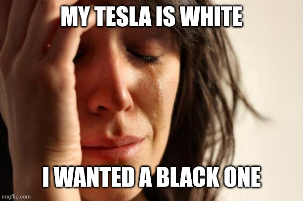 First World Problems Meme | MY TESLA IS WHITE; I WANTED A BLACK ONE | image tagged in memes,first world problems | made w/ Imgflip meme maker