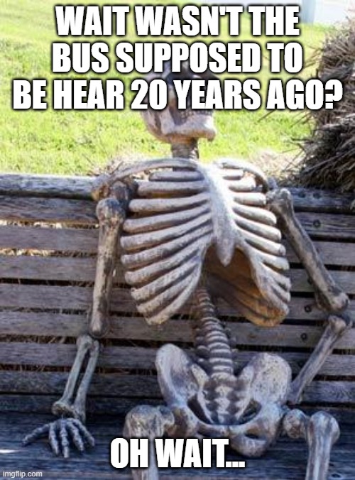 Waiting Skeleton | WAIT WASN'T THE BUS SUPPOSED TO BE HEAR 20 YEARS AGO? OH WAIT... | image tagged in memes,waiting skeleton | made w/ Imgflip meme maker