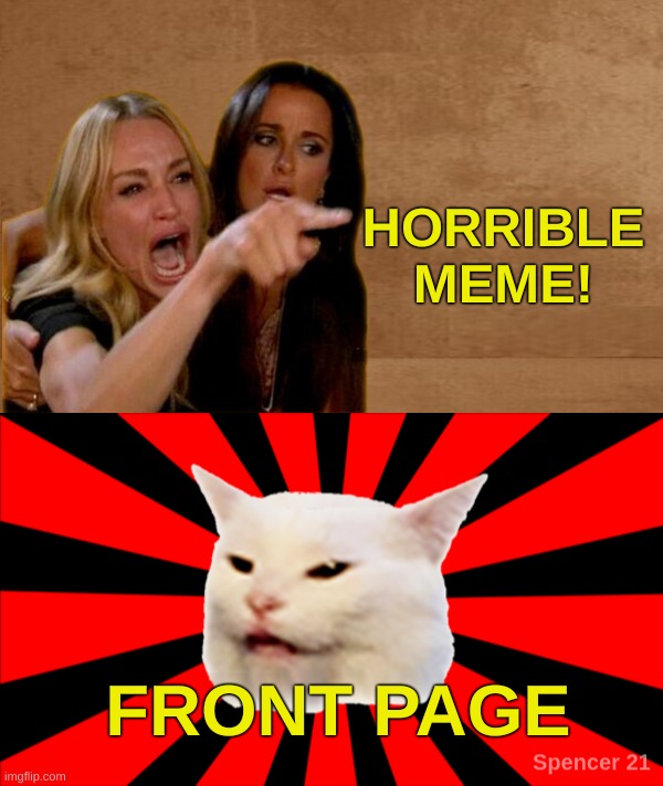 Woman Yelling At Meme | HORRIBLE MEME! FRONT PAGE | image tagged in woman yelling at cat,mymemesareterrible,smudge the cat,smudge,front page,the struggle is real | made w/ Imgflip meme maker