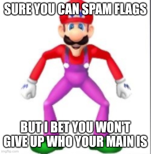 mario | SURE YOU CAN SPAM FLAGS; BUT I BET YOU WON'T GIVE UP WHO YOUR MAIN IS | image tagged in mario | made w/ Imgflip meme maker