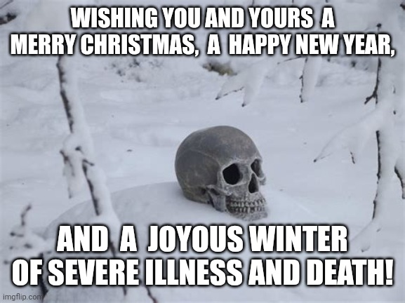 HAVE A JOYOUS WINTER OF DEATH | WISHING YOU AND YOURS  A MERRY CHRISTMAS,  A  HAPPY NEW YEAR, AND  A  JOYOUS WINTER OF SEVERE ILLNESS AND DEATH! | image tagged in winter of severe illness death,death,merry christmas,happy new year,illness,joy | made w/ Imgflip meme maker