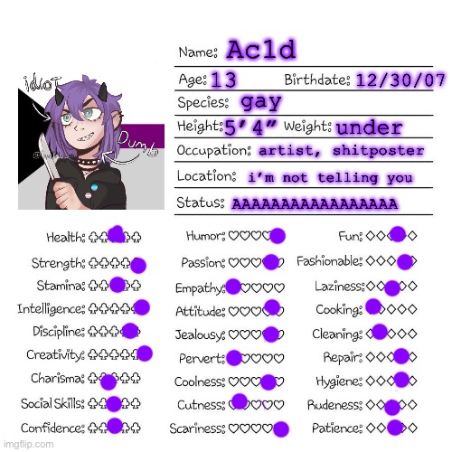 Profile card | Ac1d; 13; 12/30/07; gay; under; 5’4”; artist, shitposter; i’m not telling you; AAAAAAAAAAAAAAAAA | image tagged in profile card | made w/ Imgflip meme maker