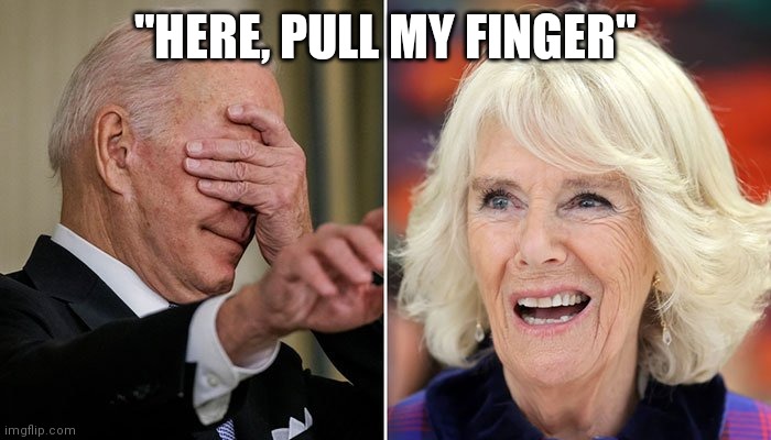 Biden farts at royalty | "HERE, PULL MY FINGER" | image tagged in joe biden,camilla parker bowles,farts | made w/ Imgflip meme maker