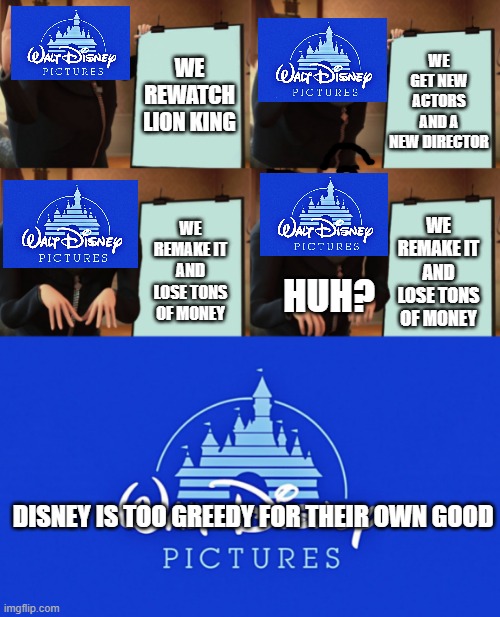 Disney's Plan Remastered | WE GET NEW ACTORS AND A NEW DIRECTOR; WE REWATCH LION KING; WE REMAKE IT AND LOSE TONS OF MONEY; WE REMAKE IT AND LOSE TONS OF MONEY; HUH? DISNEY IS TOO GREEDY FOR THEIR OWN GOOD | image tagged in walt disney logo | made w/ Imgflip meme maker
