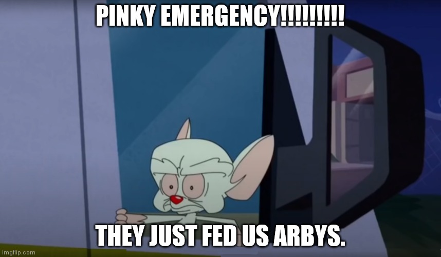 The Brain Rearview | PINKY EMERGENCY!!!!!!!!! THEY JUST FED US ARBYS. | image tagged in the brain rearview | made w/ Imgflip meme maker