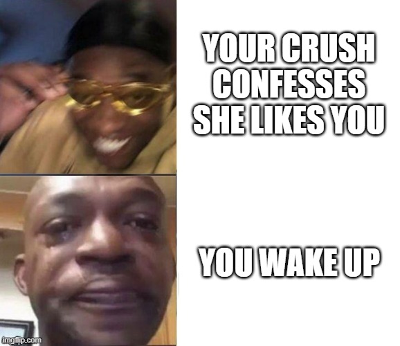 dreaming | YOUR CRUSH CONFESSES SHE LIKES YOU; YOU WAKE UP | image tagged in black guy laughing crying flipped | made w/ Imgflip meme maker