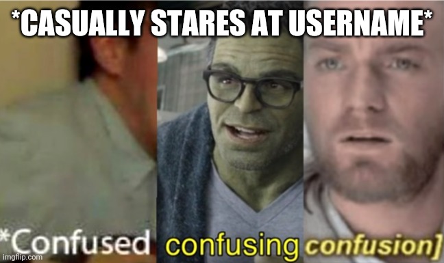 confused confusing confusion | *CASUALLY STARES AT USERNAME* | image tagged in confused confusing confusion | made w/ Imgflip meme maker
