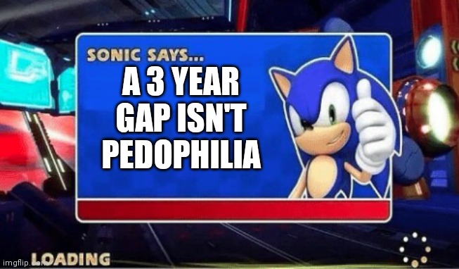 Sonic Says | A 3 YEAR GAP ISN'T PEDOPHILIA | image tagged in sonic says | made w/ Imgflip meme maker