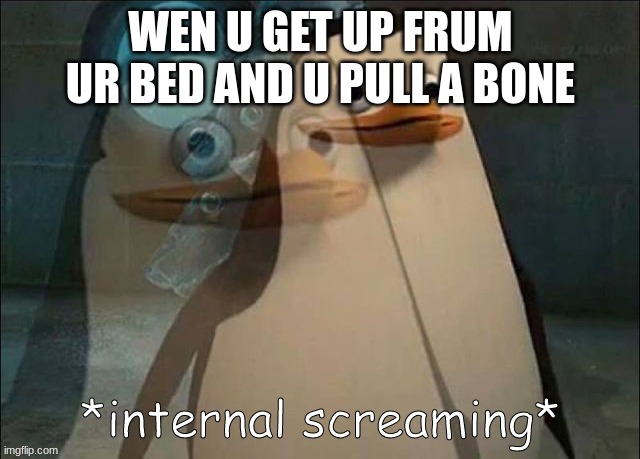 not gonna lie it happened to me this morning | WEN U GET UP FRUM UR BED AND U PULL A BONE | image tagged in private internal screaming | made w/ Imgflip meme maker