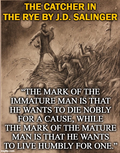 THE CATCHER IN THE RYE BY J.D. SALINGER; “THE MARK OF THE IMMATURE MAN IS THAT HE WANTS TO DIE NOBLY FOR A CAUSE, WHILE THE MARK OF THE MATURE MAN IS THAT HE WANTS TO LIVE HUMBLY FOR ONE.” | image tagged in american,literature,classic | made w/ Imgflip meme maker