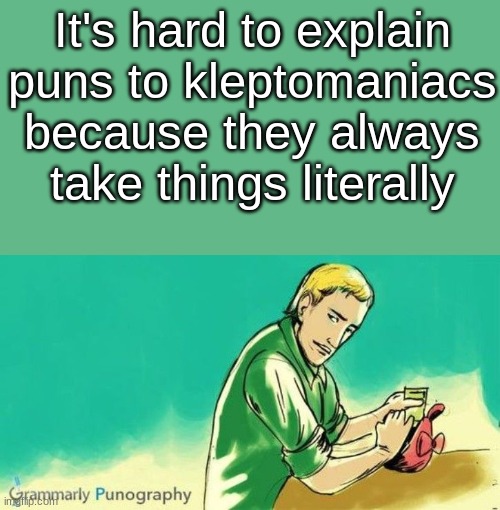 For the people who don't take puns literally | It's hard to explain puns to kleptomaniacs because they always take things literally | image tagged in duhhh dumbass | made w/ Imgflip meme maker