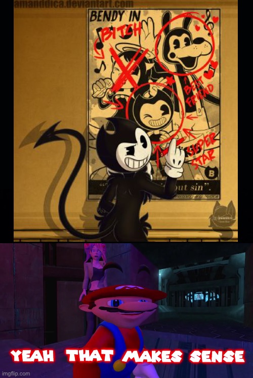 image tagged in black background,smg4 mario that makes sense,bendy and the ink machine | made w/ Imgflip meme maker
