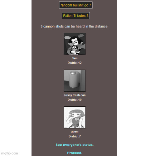 r.i.p. sussy trash can | image tagged in hunger games | made w/ Imgflip meme maker