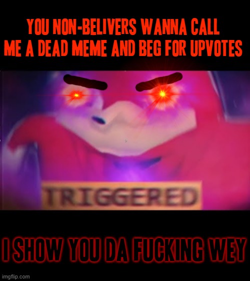 Now maybe you "mr. and mrs. 'this is a dead meme' asshole non-believers" will know da wey [TLOK TLOK TLOK TLOK] | YOU NON-BELIVERS WANNA CALL ME A DEAD MEME AND BEG FOR UPVOTES I SHOW YOU DA FUCKING WEY | image tagged in ugandan knuckles,memes,triggered,savage memes,da wey,funny | made w/ Imgflip meme maker