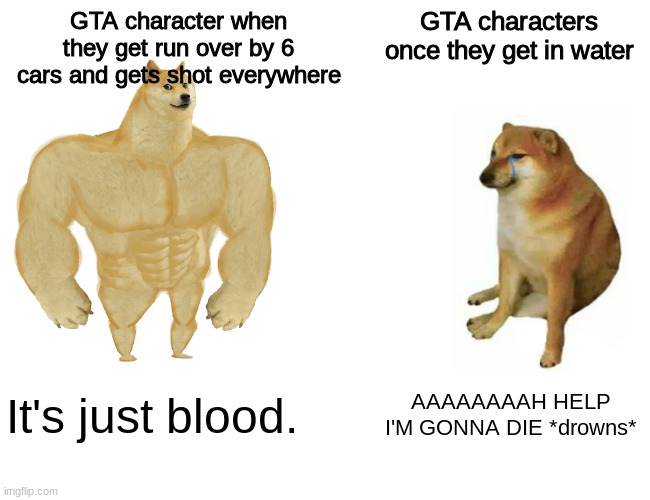 Buff Doge vs. Cheems | GTA character when they get run over by 6 cars and gets shot everywhere; GTA characters once they get in water; It's just blood. AAAAAAAAH HELP I'M GONNA DIE *drowns* | image tagged in memes,buff doge vs cheems,cheemy,gta,your mother,i forgor | made w/ Imgflip meme maker