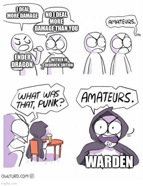 fact:Warden can deal two hits to a player with netherite armor | I DEAL MORE DAMAGE; NO I DEAL MORE DAMAGE THAN YOU; ENDER DRAGON; WITHER IN BEDROCK EDITION; WARDEN | image tagged in amateurs,minecraft,warden,ender dragon,wither,bedrock edition | made w/ Imgflip meme maker