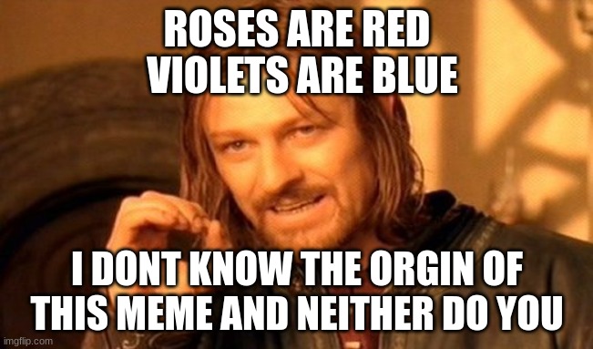 :) | ROSES ARE RED; VIOLETS ARE BLUE; I DONT KNOW THE ORGIN OF THIS MEME AND NEITHER DO YOU | image tagged in memes,one does not simply | made w/ Imgflip meme maker