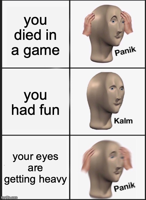 Panik Kalm Panik | you died in a game; you had fun; your eyes are getting heavy | image tagged in memes,panik kalm panik | made w/ Imgflip meme maker
