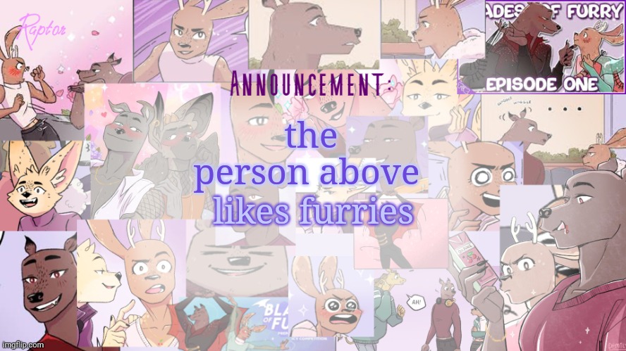 *kills msmg* | the person above; likes furries | image tagged in raptor's bof announcement temp | made w/ Imgflip meme maker