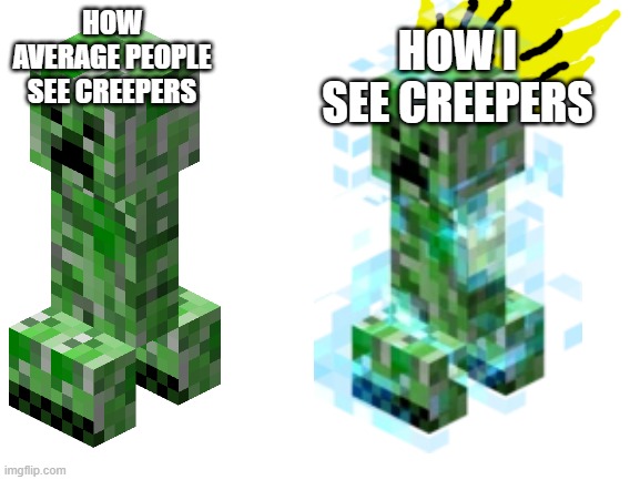 Basically, unaccurite. | HOW AVERAGE PEOPLE SEE CREEPERS; HOW I SEE CREEPERS | image tagged in blank white template | made w/ Imgflip meme maker