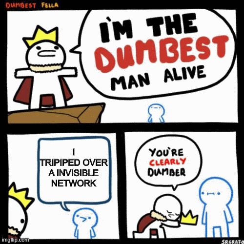 LOL | I TRIPIPED OVER A INVISIBLE NETWORK | image tagged in i'm the dumbest man alive | made w/ Imgflip meme maker