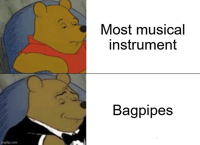 Found out I really like bagpipes | Most musical instrument; Bagpipes | image tagged in memes,tuxedo winnie the pooh | made w/ Imgflip meme maker