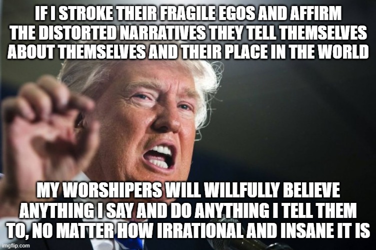 If You Don't Realize That This Is A Cult, You Might Be Brainwashed Cultist | IF I STROKE THEIR FRAGILE EGOS AND AFFIRM THE DISTORTED NARRATIVES THEY TELL THEMSELVES ABOUT THEMSELVES AND THEIR PLACE IN THE WORLD; MY WORSHIPERS WILL WILLFULLY BELIEVE ANYTHING I SAY AND DO ANYTHING I TELL THEM TO, NO MATTER HOW IRRATIONAL AND INSANE IT IS | image tagged in donald trump,brainwashed,cult,ego,identity crisis,know yourself | made w/ Imgflip meme maker