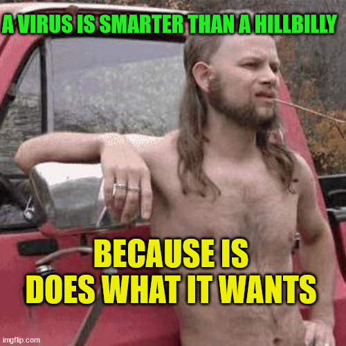 almost redneck | A VIRUS IS SMARTER THAN A HILLBILLY; BECAUSE IS DOES WHAT IT WANTS | image tagged in almost redneck | made w/ Imgflip meme maker