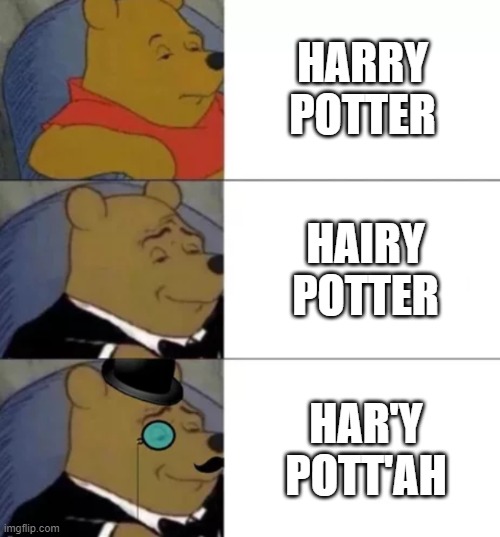 Hogwarts Pog | HARRY POTTER; HAIRY POTTER; HAR'Y POTT'AH | image tagged in fancy pooh | made w/ Imgflip meme maker