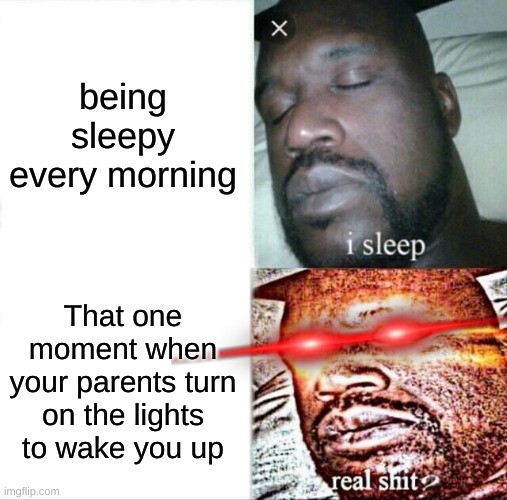 My poor eyes :,) | being sleepy every morning; That one moment when your parents turn on the lights to wake you up | image tagged in memes,sleeping shaq | made w/ Imgflip meme maker