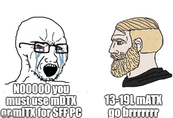 Building an SFF PC with an mATX or regular DTX mobo be like | 13-19L mATX go brrrrrrr; NOOOOO you must use mDTX or mITX for SFF PC | image tagged in soyboy vs yes chad | made w/ Imgflip meme maker