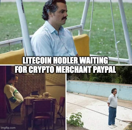 Sad Pablo Escobar | LITECOIN HODLER WAITING FOR CRYPTO MERCHANT PAYPAL | image tagged in memes,sad pablo escobar | made w/ Imgflip meme maker