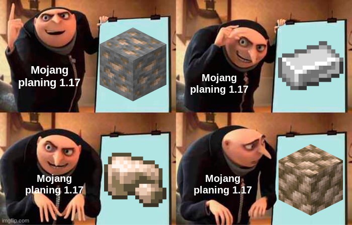 Mojang's 1.17 Plans | Mojang planing 1.17; Mojang planing 1.17; Mojang planing 1.17; Mojang planing 1.17 | image tagged in memes,gru's plan,minecraft,mojang | made w/ Imgflip meme maker