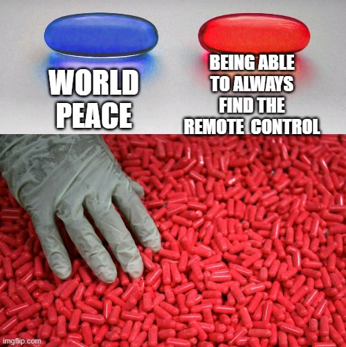 Sorry not sorry | BEING ABLE TO ALWAYS FIND THE REMOTE  CONTROL; WORLD PEACE | image tagged in blue or red pill | made w/ Imgflip meme maker