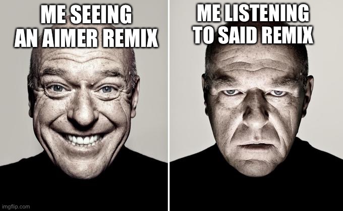Dean Norris reaction | ME LISTENING TO SAID REMIX; ME SEEING AN AIMER REMIX | image tagged in dean norris reaction | made w/ Imgflip meme maker